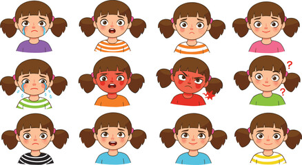 Cartoon girl showing different emotions, facial expressions of sadness, anger, confusion, fear, crying, emotional diversity, feelings chart for kids, emotion learning illustration