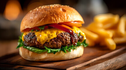 National Hamburger Month, a beef burger with cheddar cheese, lettuce, tomato and special sauce, served on a wooden plate with golden fries on the side. Looks so delicious. AI generated images.