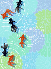 夏素材　和風花柄の背景と金魚