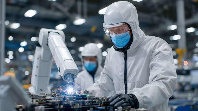 Human and cobot working side by side assembling aerospace components, cleanroom environment with bright white light, precision and safety emphasized