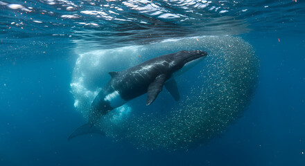 Fototapeta premium Underwater Krill Escape from extremely Hungry Whale PNG