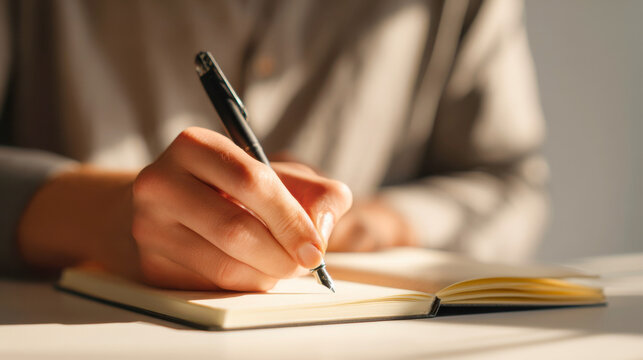 Close up of a persons hand writing in a notebook with a fountain pen in soft sunlight