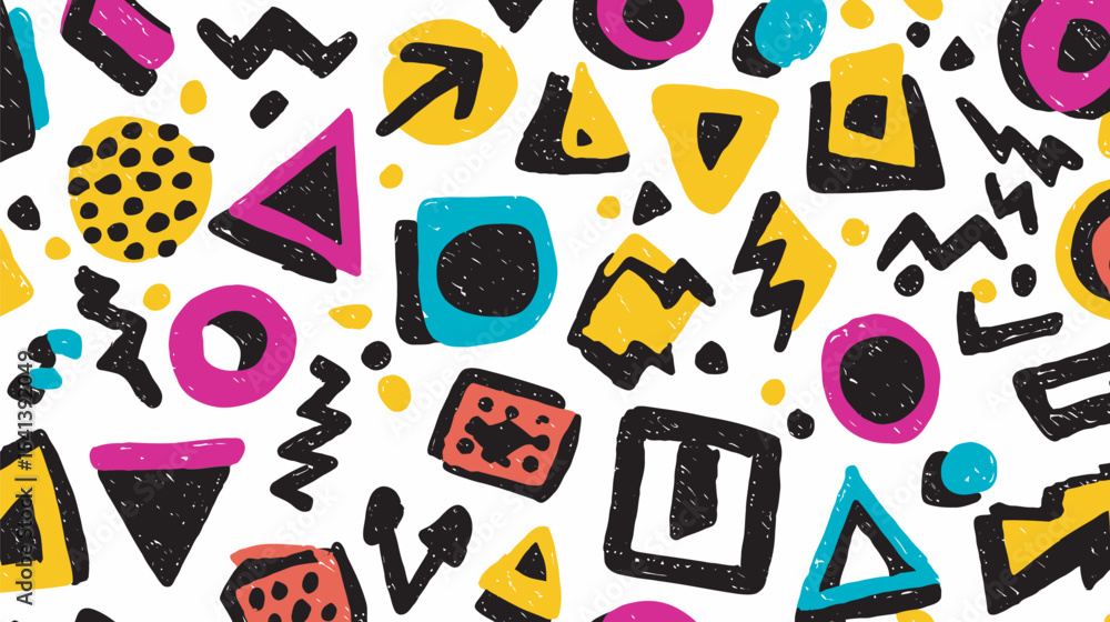 Poster colorful shapes create retro pattern against bright white surface background abstract