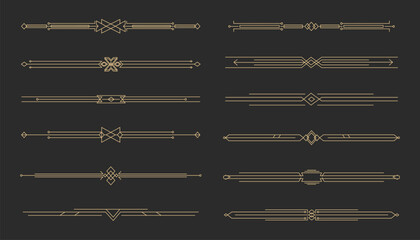 Art deco golden retro divider, border. Line frame vintage geometry gold elegant decoration. Set ornate decor elements.