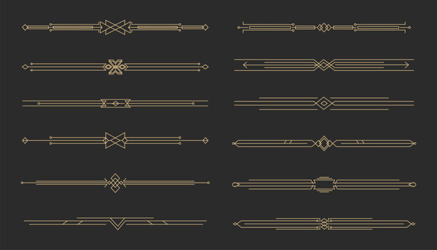Art deco golden retro divider, border. Line frame vintage geometry gold elegant decoration. Set ornate decor elements.