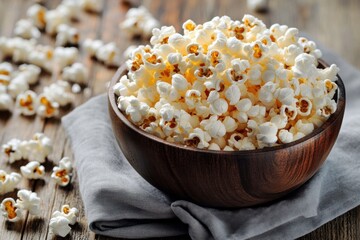 Rustic wooden bowl filled with fluffy white popcorn