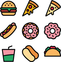 Colorful Fast Food Icons Burger Pizza Hot Dog Donuts Taco Drink