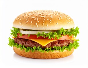 Classic Cheeseburger with Fresh Toppings on white background 