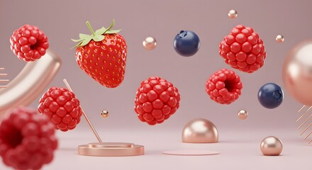 Vibrant Strawberry and Raspberry 3D Render with Abstract Rose Gold Elements