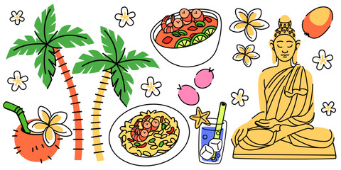 Naklejka na ściany i meble Thai doodle collection with Buddha statue, palm trees, tropical flowers, pad thai noodles, tom yum soup bowl, coconut drink, mango fruit and plumeria blossoms. Hand drawn Asian culture elements.