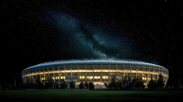 Illuminated football stadium under a starry sky with vivid green grass glowing from overhead lights
