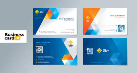 A set of professionally designed two-sided business card templates with modern blue and orange geometrics on a white and dark blue background – Editable, and Print-Ready for Modern Brands