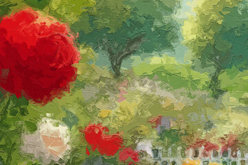 Various oil paintings, flowers, marine creatures, coconut trees, roses, peonies, landscapes, and animals