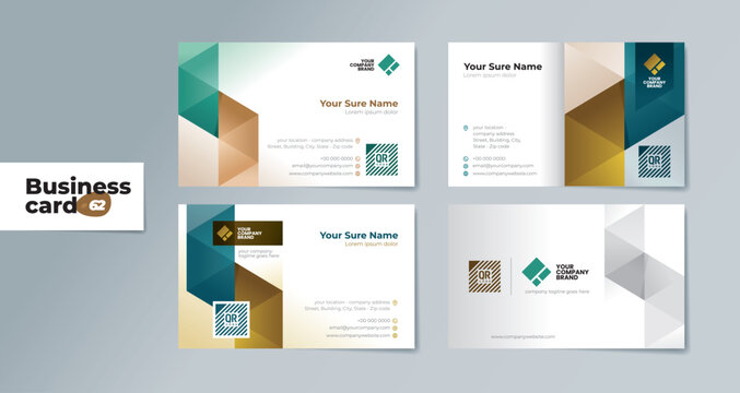 A set of professionally designed two-sided business card templates with modern teal and brown geometrics on a white and dark blue background – Sleek Design for a Professional and Unique Brand
