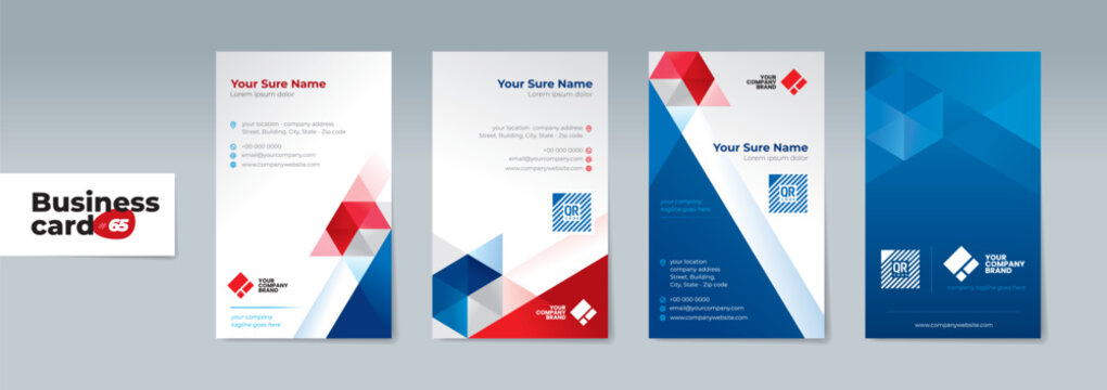 A set of professionally designed two-sided vertical business card templates with modern blue and red geometrics on a white background – Elevate Your Brand with This Clean, Professional, and Editable D