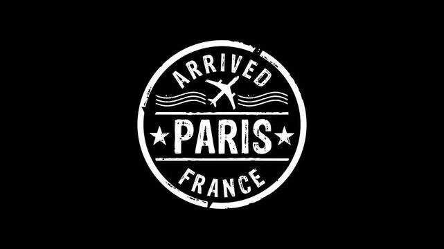 Paris arrived stamp and hand stamping impact isolated animation. France flight arrival 3D concept. Alpha matte channel.