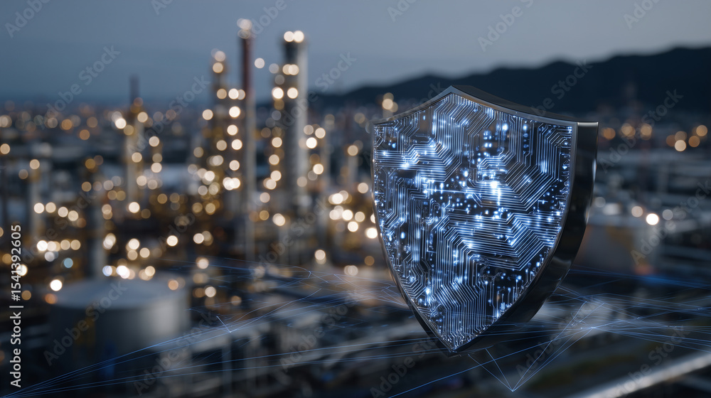 Poster abstract digital shield made of glowing circuits protecting an industrial plant surrounded by networ