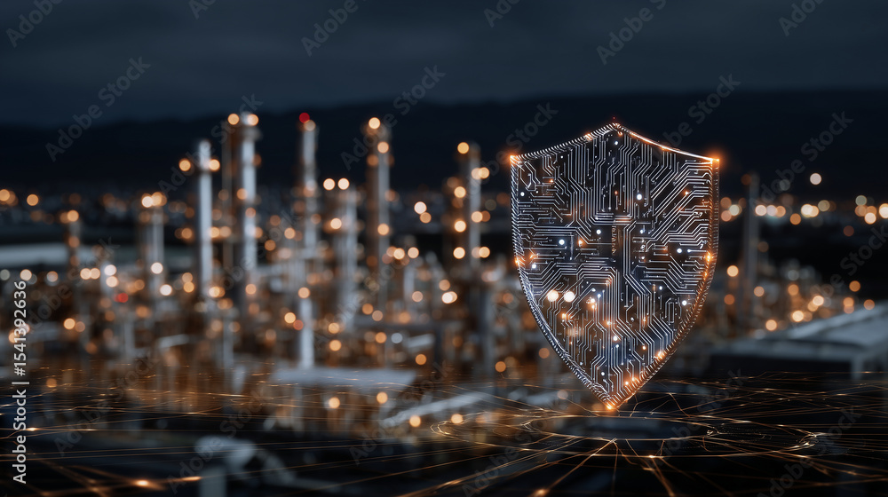 Poster abstract digital shield made of glowing circuits protecting an industrial plant surrounded by networ