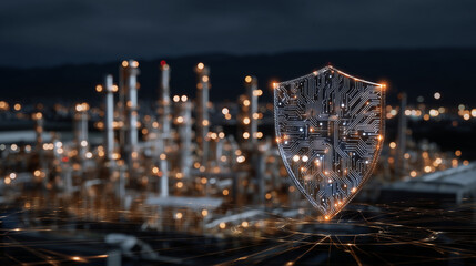 Naklejka na ściany i meble Abstract digital shield made of glowing circuits protecting an industrial plant surrounded by network lines symbolizing secure data flow and cyber defense