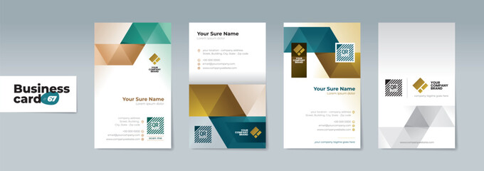 A set of professionally designed two-sided vertical business card templates with modern teal and brown geometrics on a white and dark blue background – Sleek Design for a Professional and Unique Brand