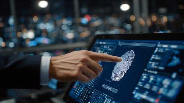 Close-up of a multi-factor authentication process on an industrial control panel touchscreen, biometric fingerprint scan combined with passcode entry for secure access