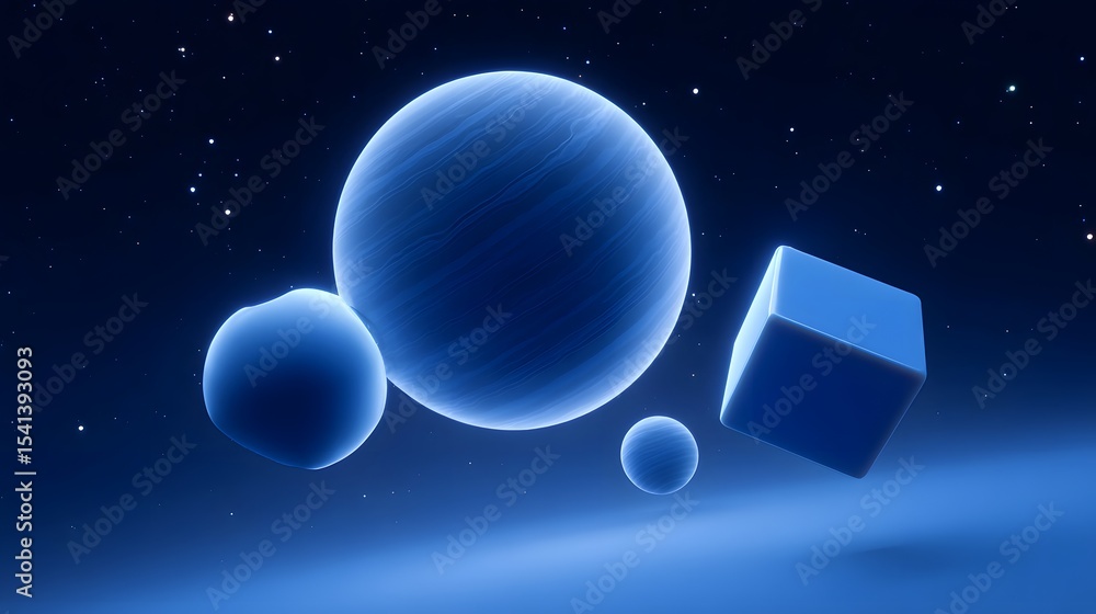 Aufkleber cosmic surrealism:abstract space scene with glowing planets and floating cubes