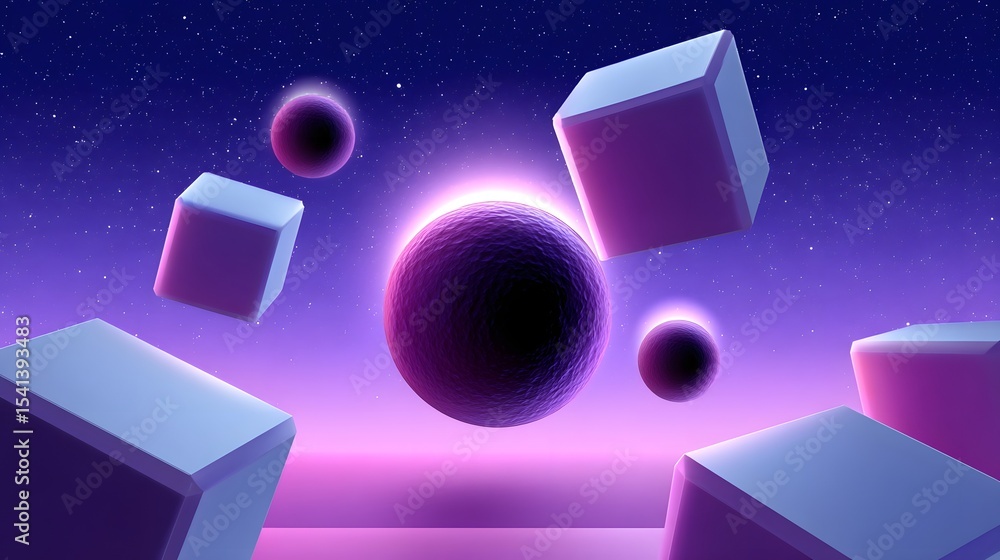 Poster glowing abstract planets and floating cubes in a cosmic surreal space scene