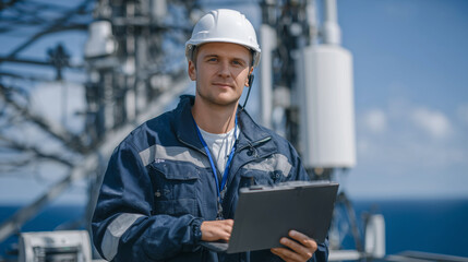 Network engineer installing 5G antenna on remote wind turbine, enabling seamless remote control of maintenance robots operating high above ground level