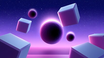Glowing abstract planets and floating cubes in a cosmic surreal space scene