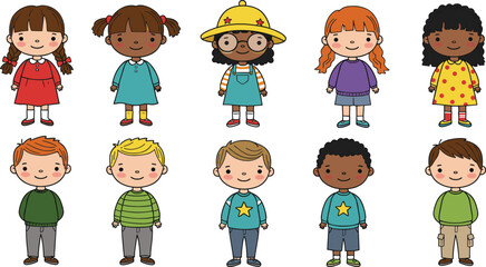 Cute cartoon children standing in rows, diverse boys and girls illustration, happy kids collection, childhood characters set, smiling faces, group of elementary students