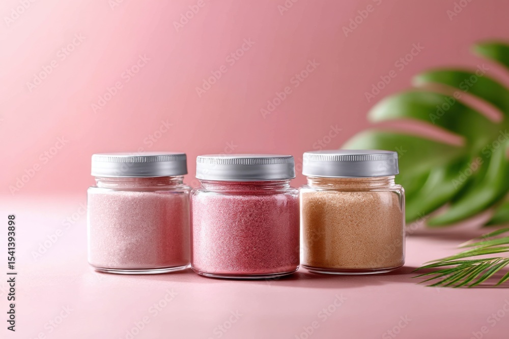 Poster close-up view of vibrant body scrub jars displayed against a colorful background with space for text