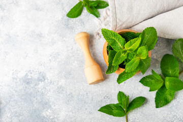Fresh mint with mortar and pestle on wooden background. Melissa leaves. Healing herbs green mint...