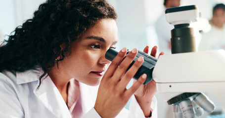 Microscope, woman and scientist in laboratory for analysis, study or research for medical...
