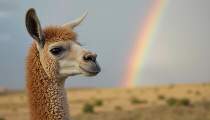 Obraz premium Alpaca Portrait Against a Vibrant Rainbow and Desert Landscape