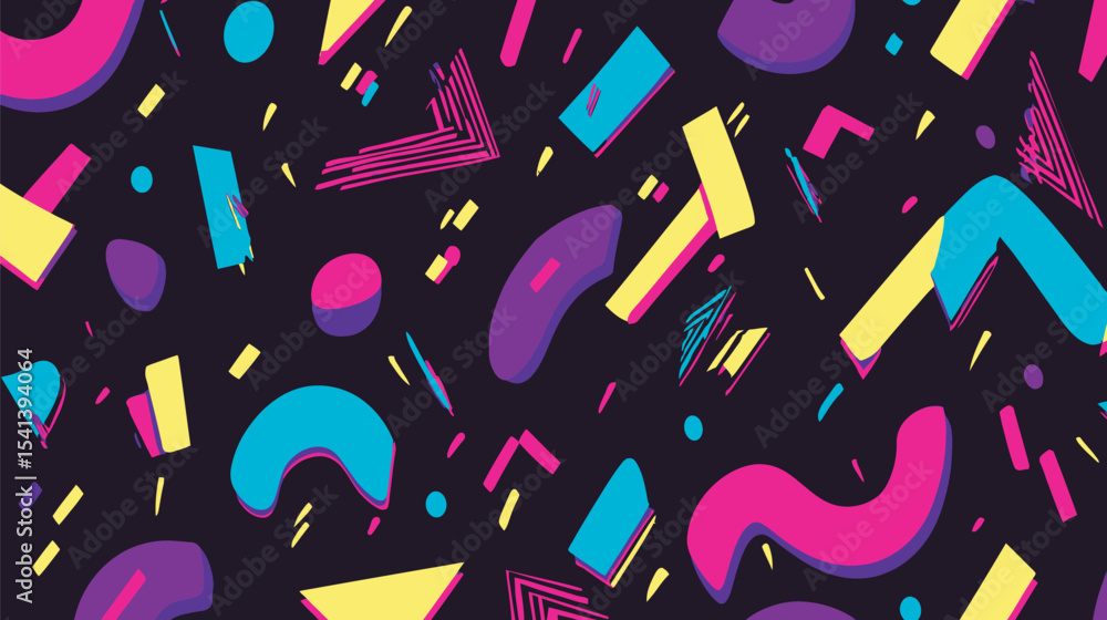 Poster geometric shapes float abstractly across dark backdrop with neon colors
