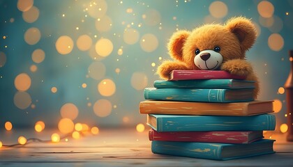 Cute teddy bear resting on colorful books with a dreamy background filled with soft lights in a cozy indoor setting during the evening Generative AI