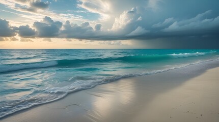 Obraz premium A high-resolution, professionally captured image of a serene beach view, featuring soft golden sand, gentle ocean waves, and a clear blue sky stretching to the horizon.