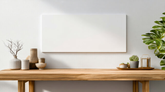 Blank Canvas Mockup on Wooden Table with Minimalist Decor