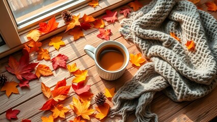 Autumn flatlay with a cup of coffee and colorful leaves creates an atmosphere of coziness and warmth. Soft light and warm shades emphasize the mood of autumn.