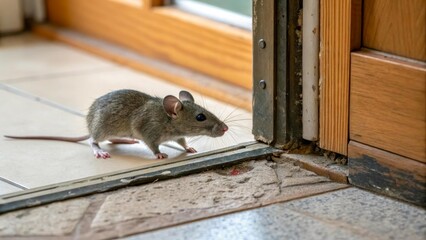 A small gray mouse cautiously steps out onto the threshold of a doorway. Soft light emphasizes its thin fur and alert posture. The atmosphere is calm and a little anxious.