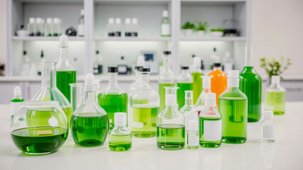 Chemical glassware with bright green liquid forms a clean minimalist scene. Laboratory aesthetics. Used in beauty and pharmaceutical advertising.