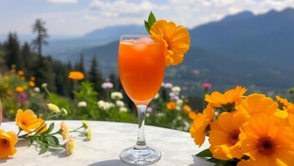 Orange mimosa brunch cocktail against a backdrop of mountain scenery and flowers. A combination of drink, nature and the aesthetics of relaxation.