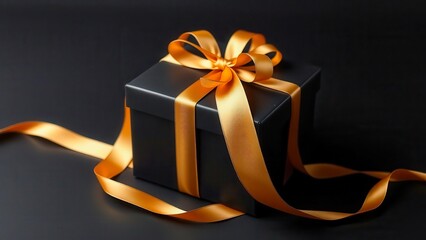 Black gift box with a gold ribbon on a dark background. An elegant composition that creates an atmosphere of luxury and celebration. Suitable for advertising layouts.