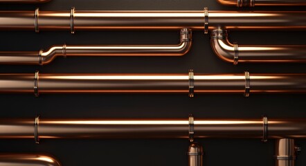 Round shaped metal pipes arranged as a banner, with a copper pipes background, are representative of products used in the construction industry, as well as housing and communal services