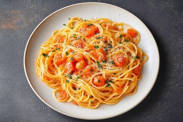 Spaghetti Plate on Dark Textured Background with Tomato Sauce, Basil, Tasty appetizing classic italian tagliatelle pasta
