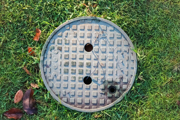 A circular manhole cover with two holes, set amidst green grass and fallen leaves.