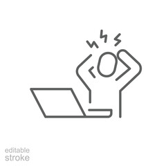 Overworked employee icon. Thin line editable stroke outline style symbol of stressed person at laptop facing pressure burnout or deadline