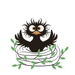 Whimsical crazy Bird in Nest isolated transparent background. Nesting vector illustration. Nesting holiday theme. Perfect t-shirt print child book image. EPS 10