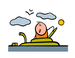 Funny man rose to  surface of water in  ocean  enjoys fresh air and space. vector illustration of cartoon character climbing out of  underground boat into the sea, looking at the clouds in the sky.