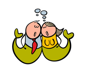 Cartoon man and  mermaid woman in the ocean hug and love. Vector illustration of a family of fabulous creatures in the sea with tails. Funny fish with a human body.